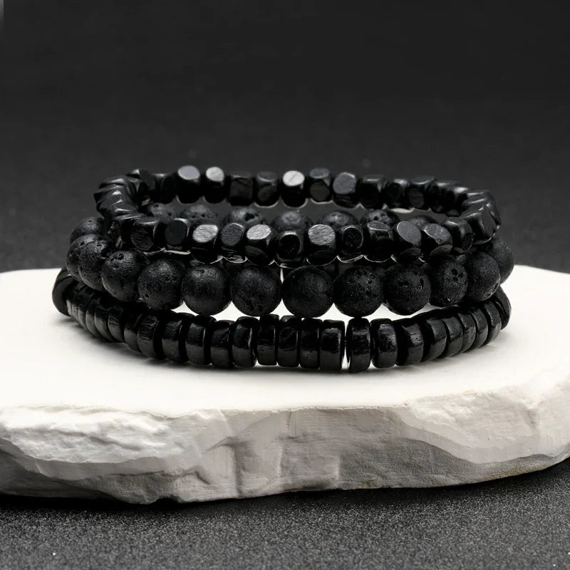 Hematite Volcanic Stone Wood Beads Charm Men’s Combo Set Elastic Bracelet Multi-layered - Style 2