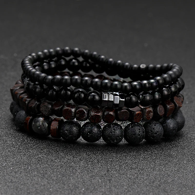 Hematite Volcanic Stone Wood Beads Men’s Combo Set Elastic Bracelet Multi-layered - Style 1
