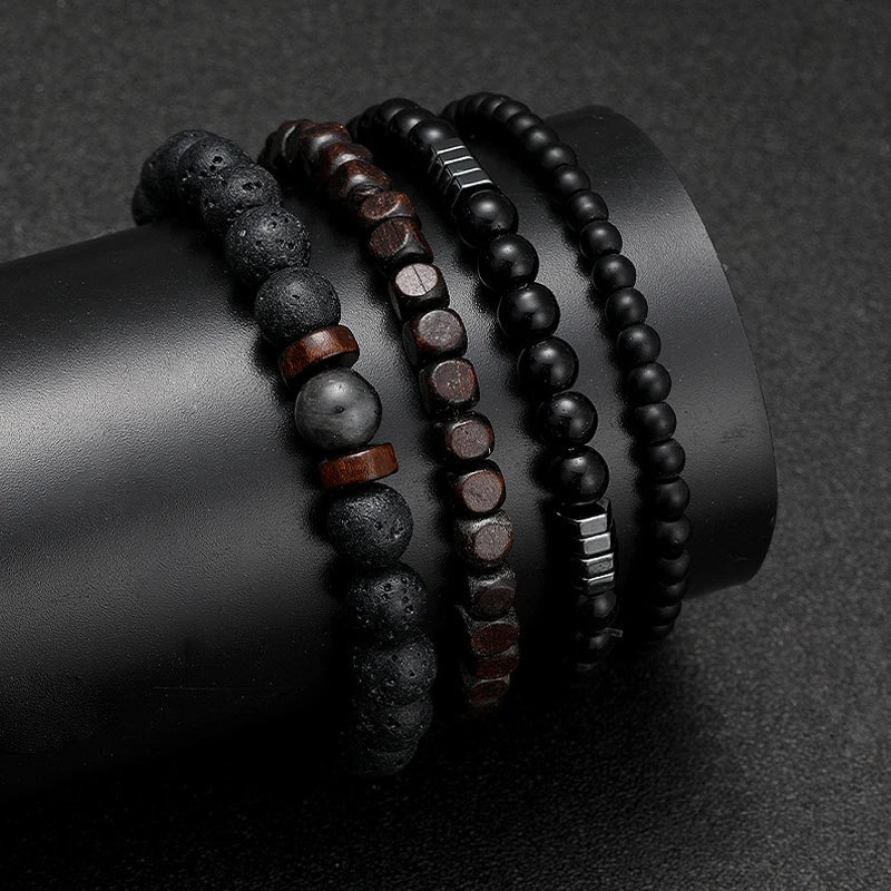 Hematite Volcanic Stone Wood Beads Men’s Combo Set Elastic Bracelet Multi-layered - Style 1