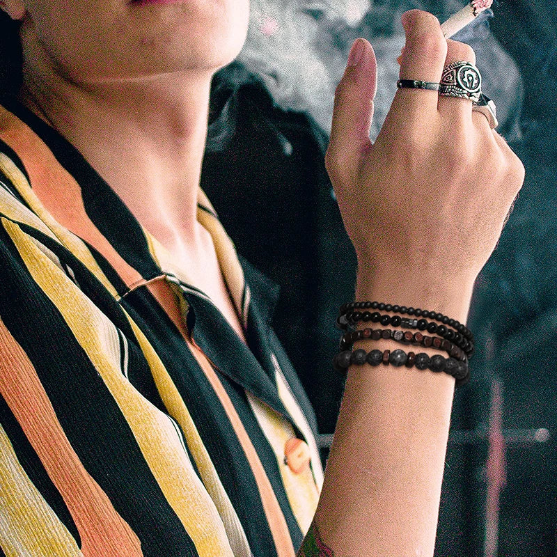 Hematite Volcanic Stone Wood Beads Men’s Combo Set Elastic Bracelet Multi-layered - Style 1