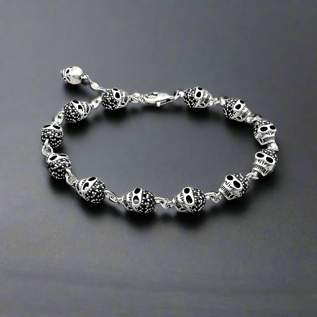Skull Pave Link Chain Bracelet For Men Pure 925 Sterling Silver Punk Jewelry - black