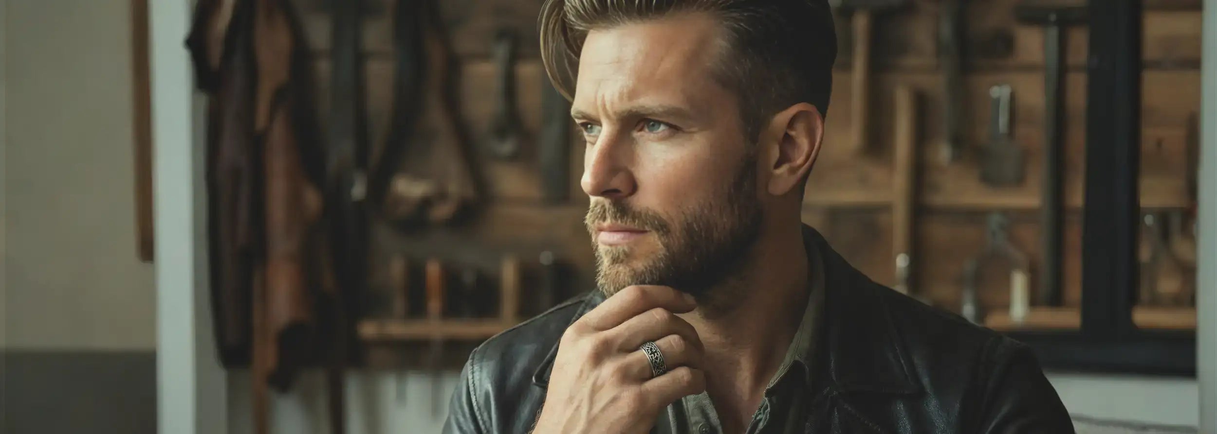 Un homme avec une barbe soigneusement taillée et des cheveux coiffés porte une veste en cuir sombre texturée.