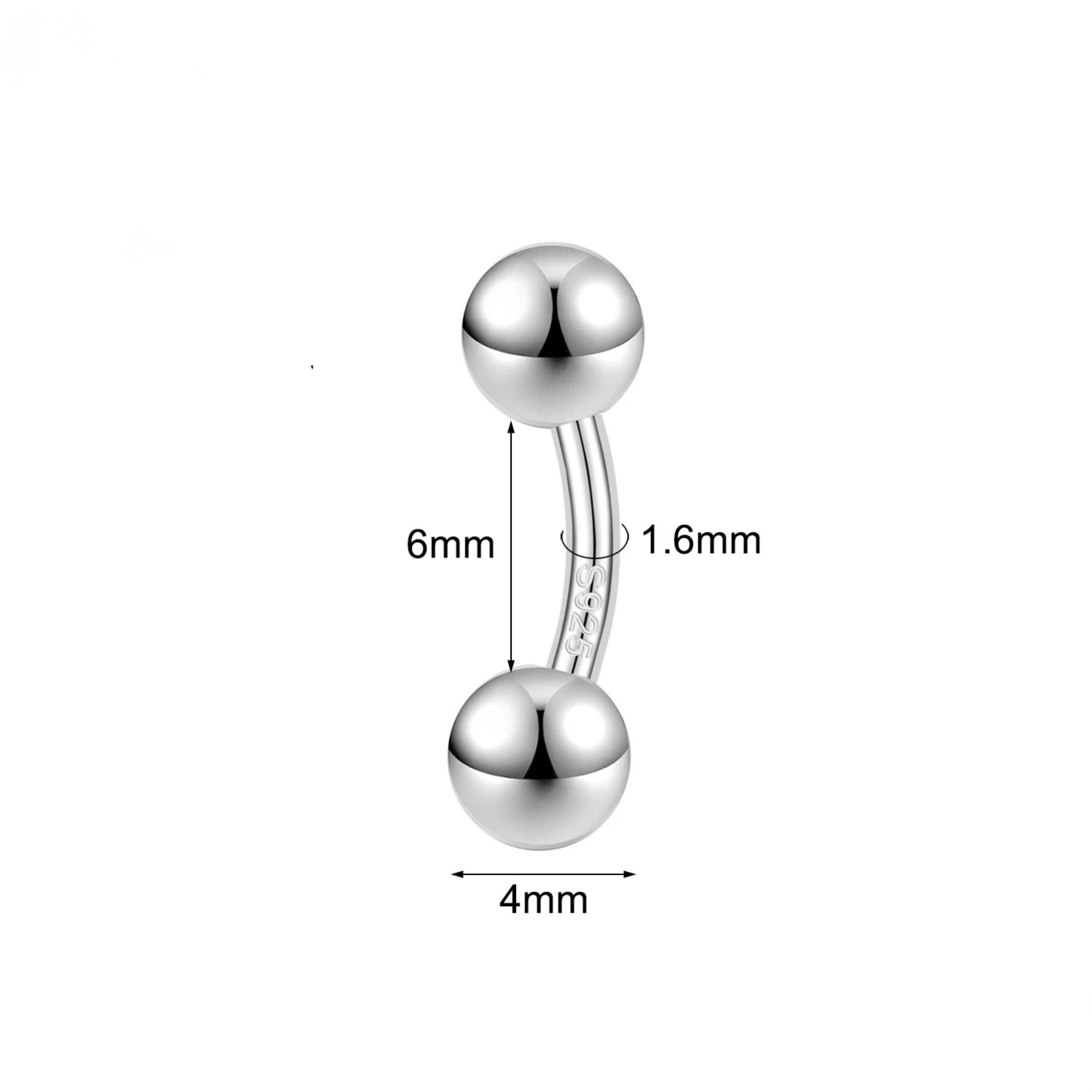 Piercing nombril en acier à boule en argent s925 aux dimensions 6x1.6x4mm