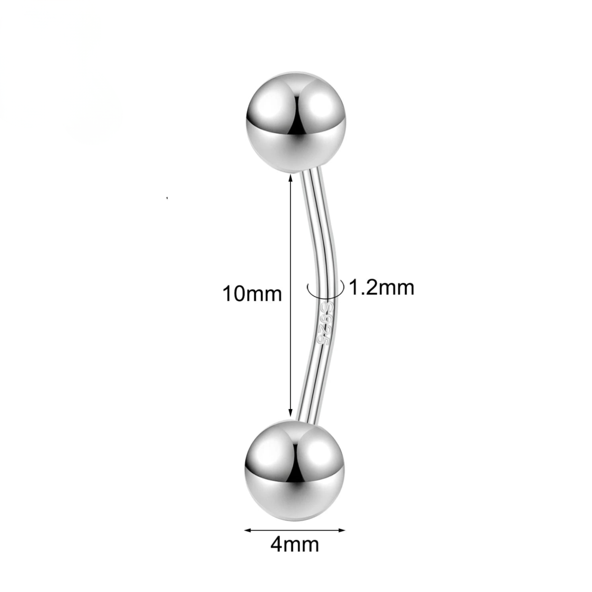 Piercing nombril en acier à boule en argent s925 aux dimensions 10x1.2x4mm