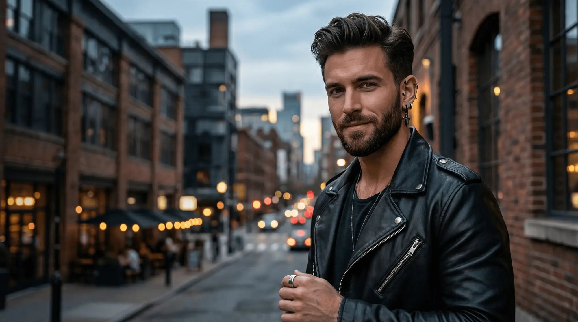 Veste de motard en cuir noir avec fermetures éclair et boutons-pression argentés.