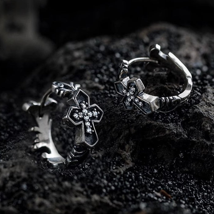 Boucles d'Oreille Homme Croix Serti Zircon (Paire)