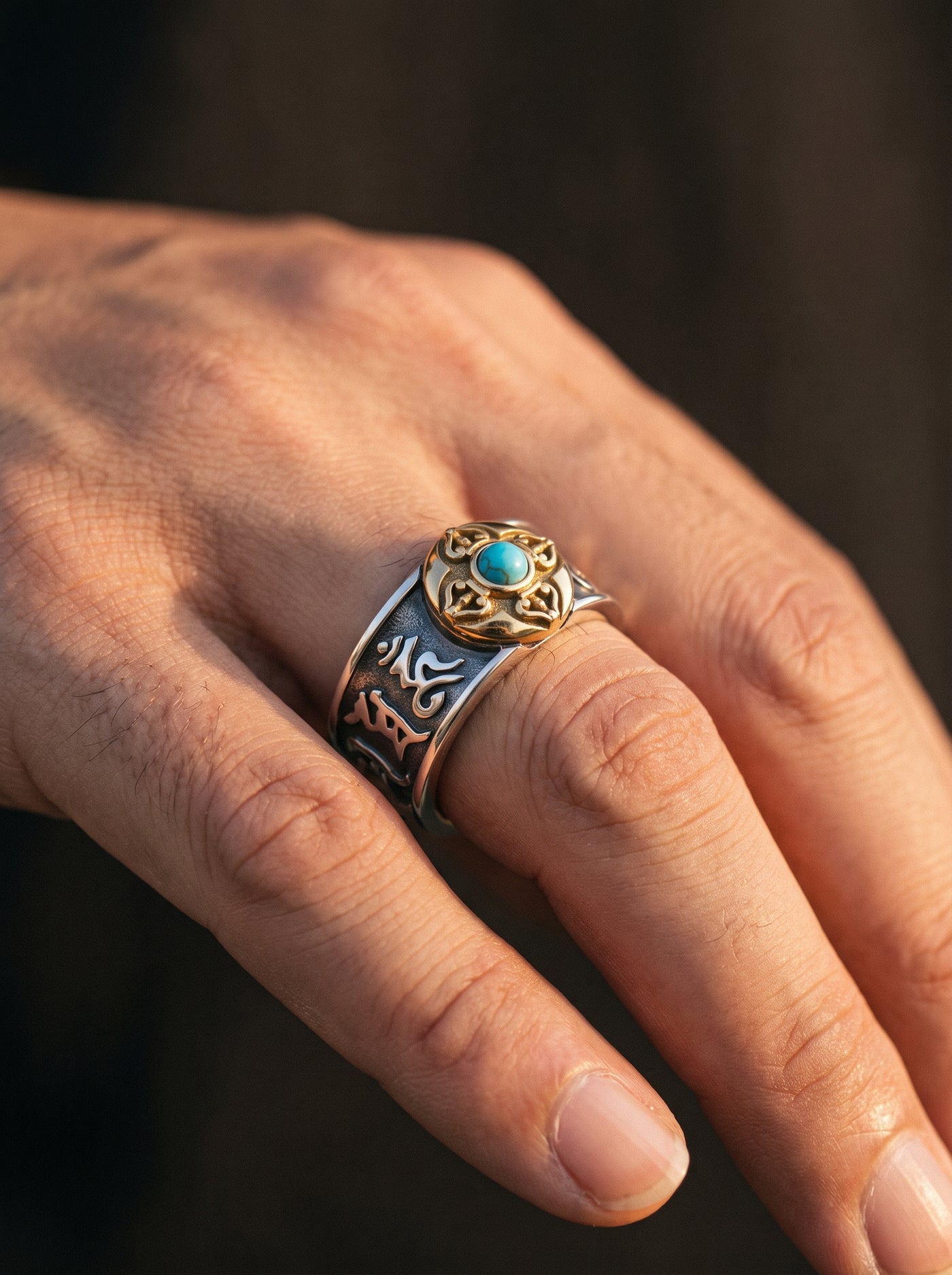 Bague Bouddhiste Homme Ajustable OR BLEU