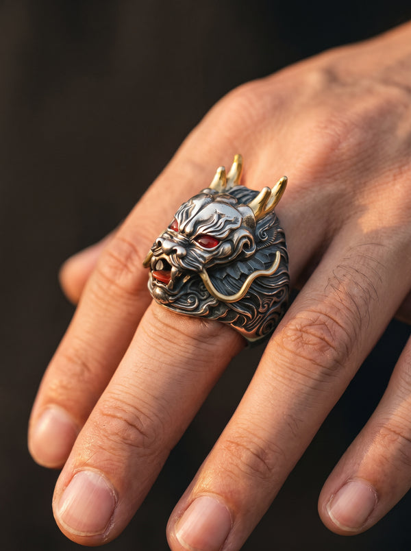 Adjustable Ring Men Chinese Dragon Qilin - resizable / S0039-Red