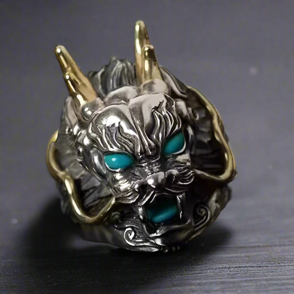 Adjustable Ring Men Dragon Blue Eyes Golden - resizable / S0039-Blue