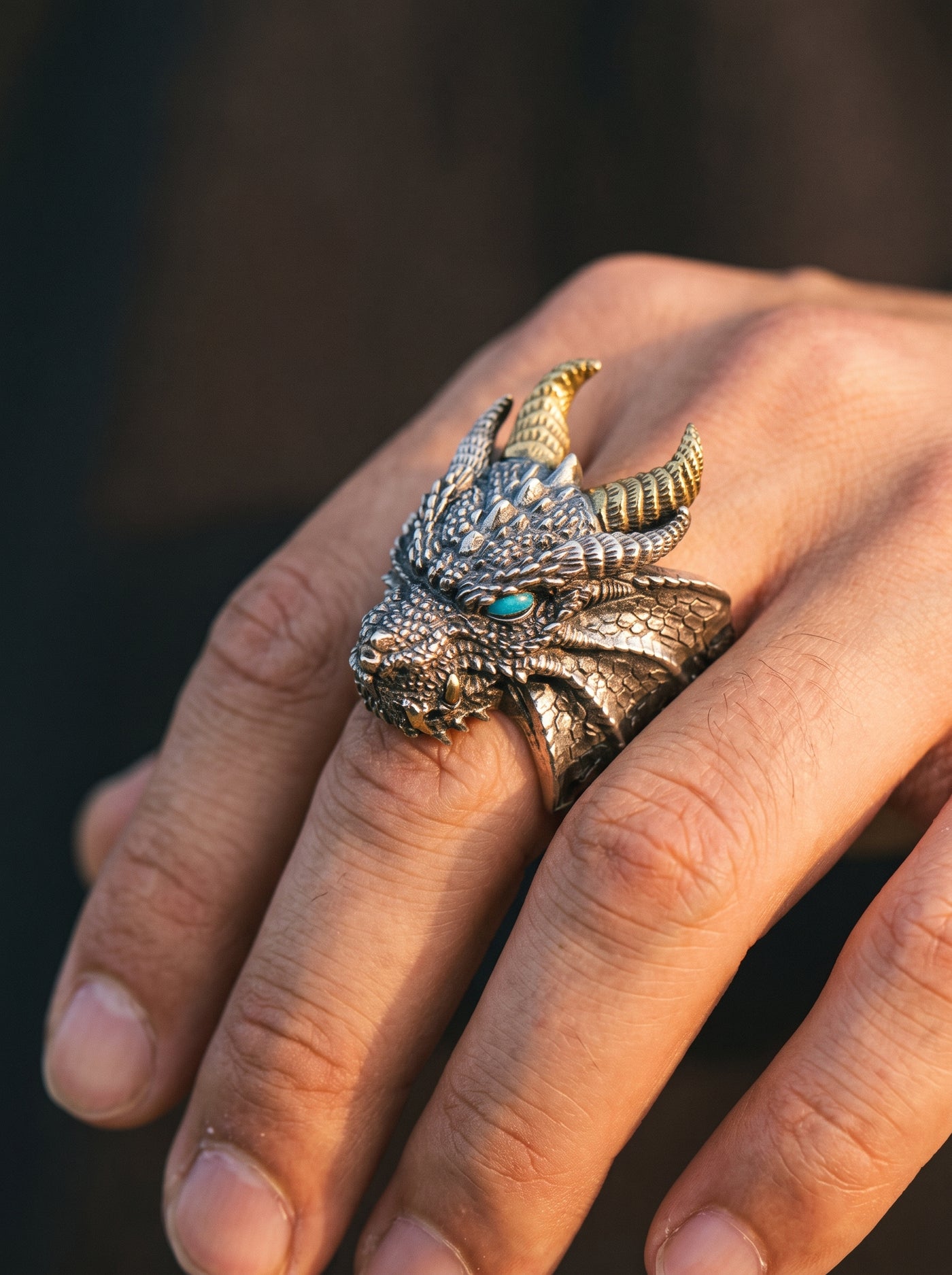 Bague Dragon Homme Ajustable YEUX BLEUS METALIQUE