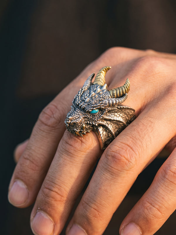 Adjustable Ring Men Mythical Dragon Blue Eyes - resizable / S0014-Blue