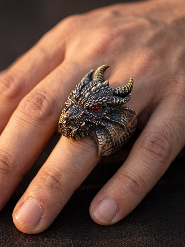Bague Dragon Homme Ajustable YEUX ROUGES METALIQUE - Ajustable