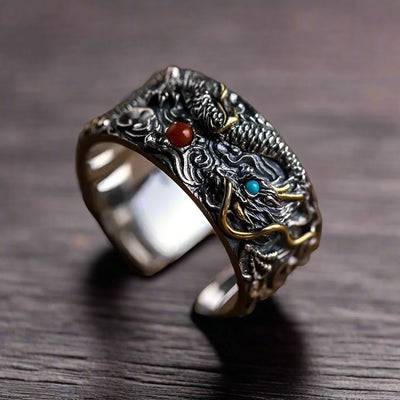 Bague Dragon Homme ARGENTÉE ROUGE BLEU
