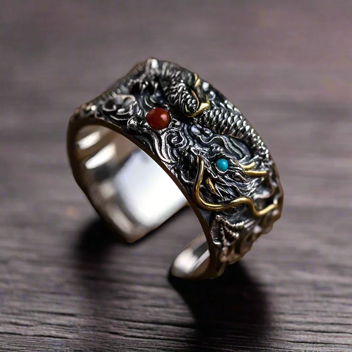 Bague Dragon Homme ARGENTÉE ROUGE BLEU