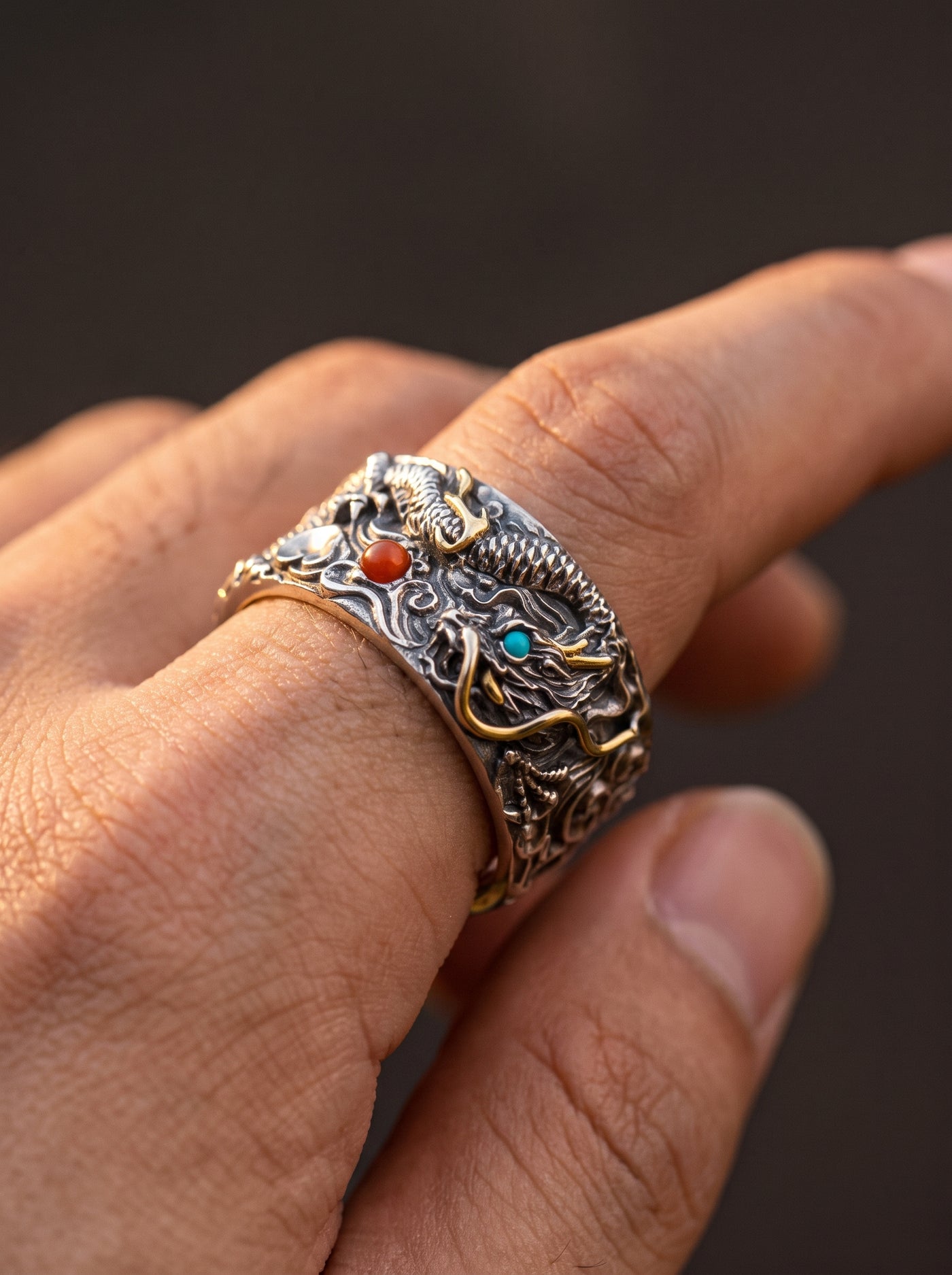 Bague Dragon Homme ARGENTÉE ROUGE BLEU