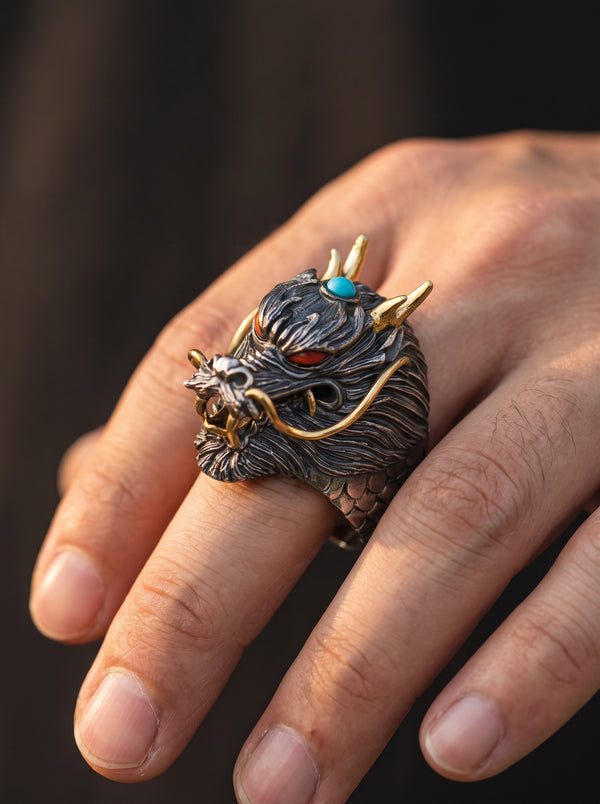 Adjustable Ring Men Chinese Dragon Red Eyes - resizable / S0013