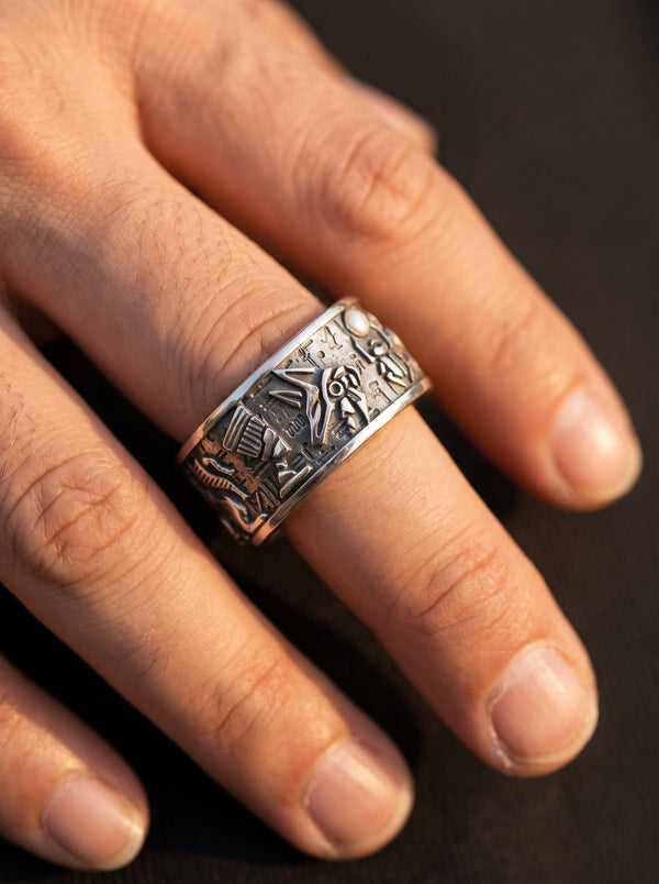 Adjustable Ring Men Antique Egyptian Anubis Hieroglyphs - resizable / S0074