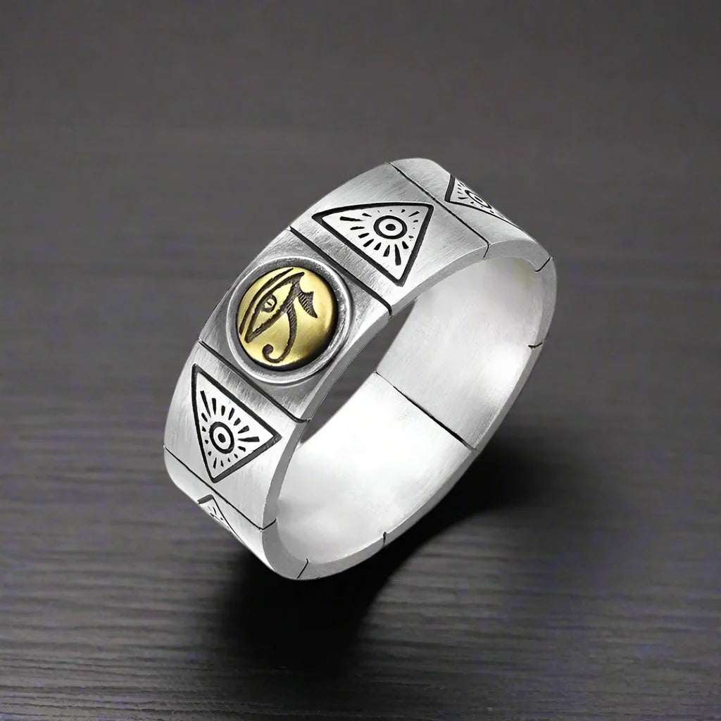 Adjustable Ring Men Golden Horus Eye Antique Egypt Pyramid - resizable / S0076