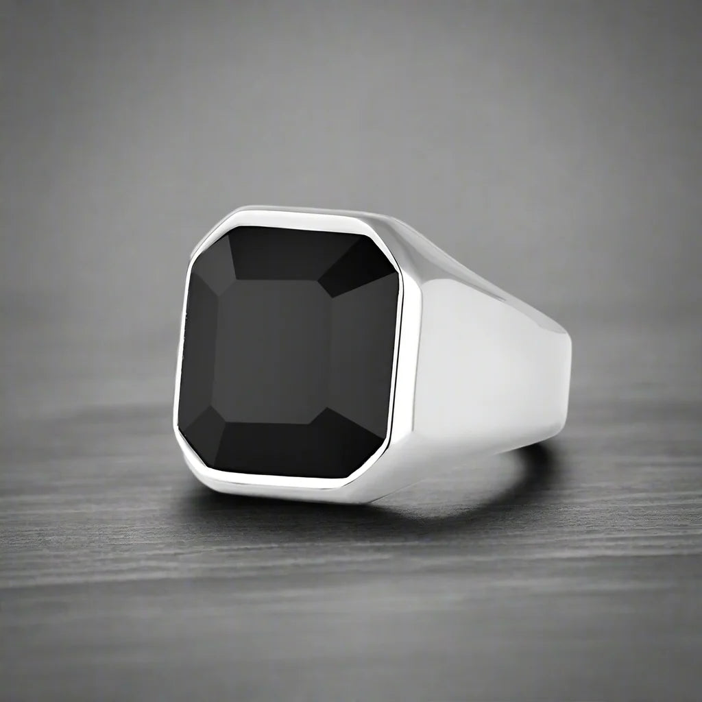 Bague Gothique Homme Acier NOIRE OCTAGONALE