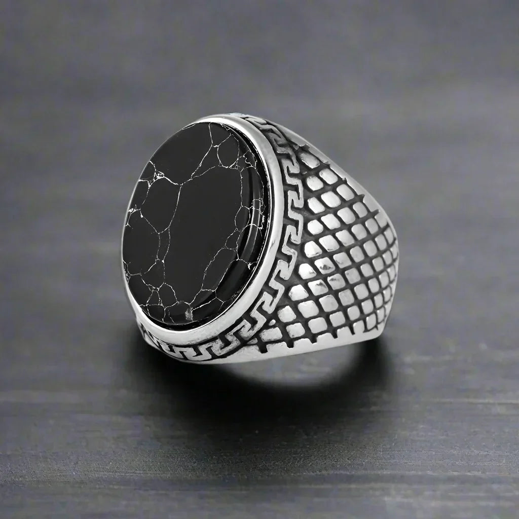 Bague Vintage Onyx Noir Acier Inoxydable - Noire / 13