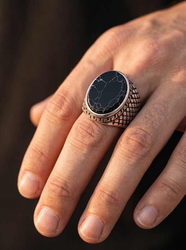 Bague Vintage Onyx Noir Acier Inoxydable - Noire / 13