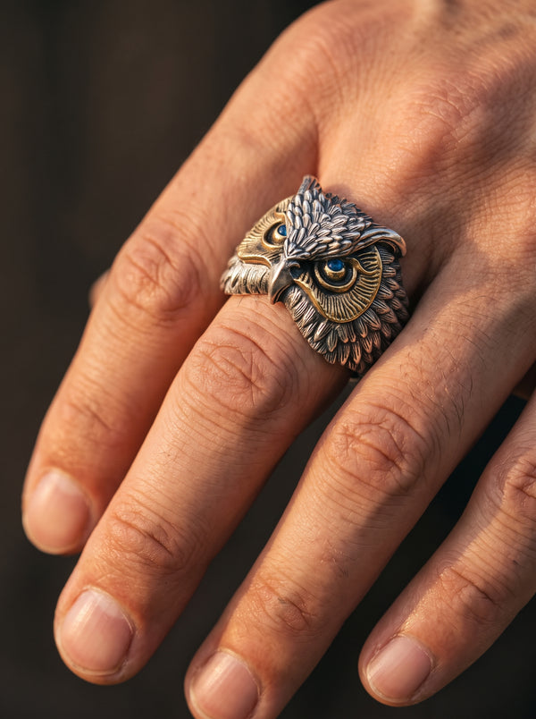 Adjustable Ring Men Mystical Owl Blue Eyes - resizable / S0016-Blue