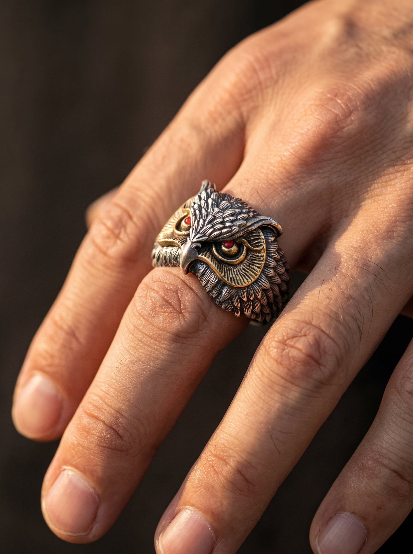 Bague Hibou Homme Ajustable YEUX ROUGES DORÉS