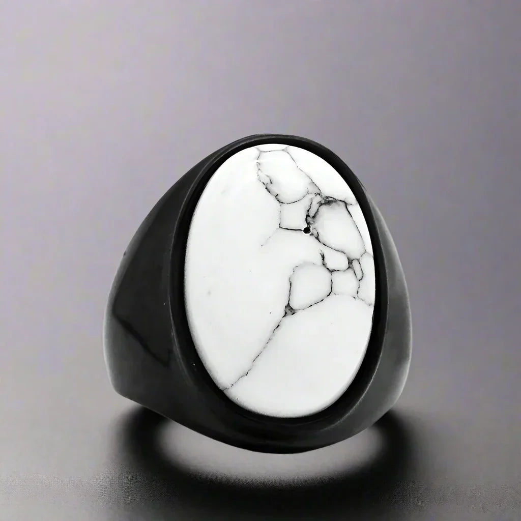 Bague Homme Acier Noire Pierre BLANCHE MARBRÉE