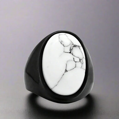 Bague Homme Acier Noire Pierre BLANCHE MARBRÉE