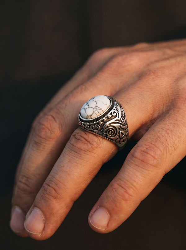 Bague Vintage Gravée Pierre Blanche Acier - Pierre Blanche / 13