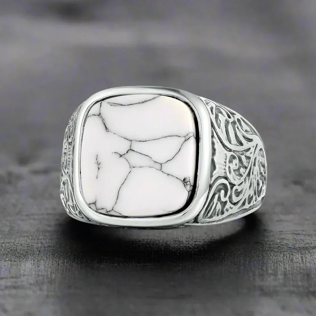 Bague Homme Acier Pierre BLANC MARBRÉ