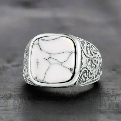 Bague Homme Acier Pierre BLANC MARBRÉ