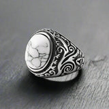 Bague Vintage Gravée Pierre Blanche Acier - Pierre Blanche / 13