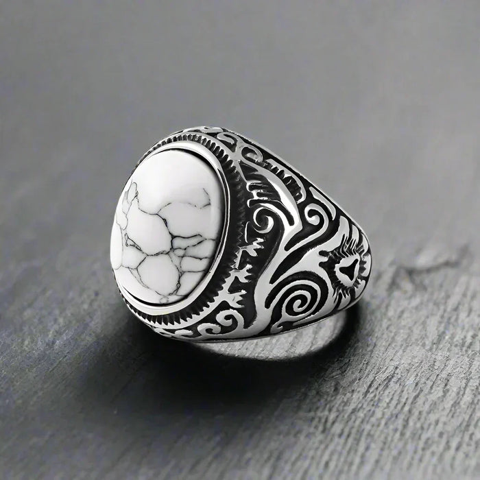 Bague Homme Acier Pierre BLANC MARBRÉ