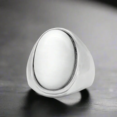 Bague Homme Acier Pierre BLANC OVALE