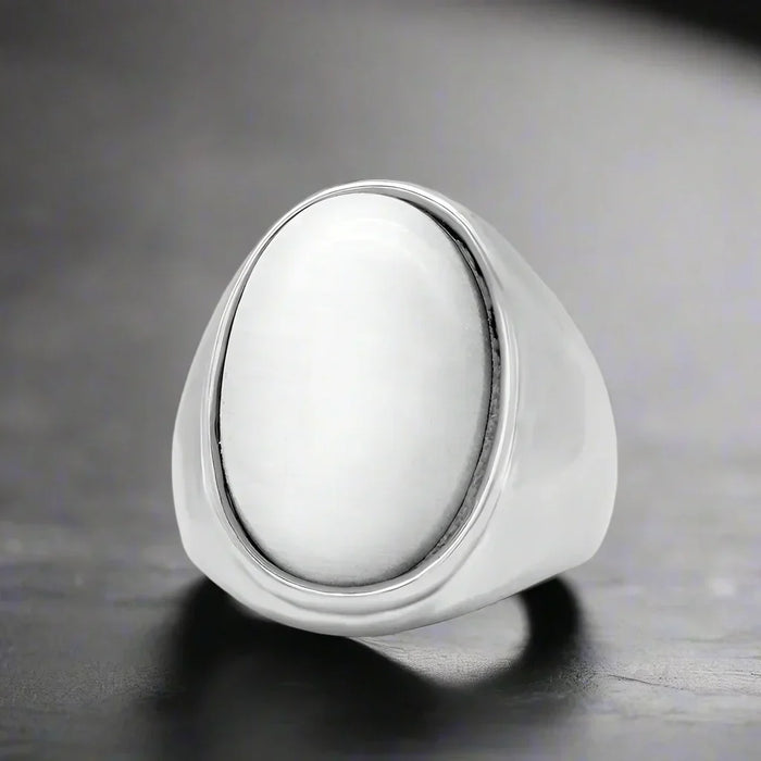 Bague Homme Acier Pierre BLANC OVALE