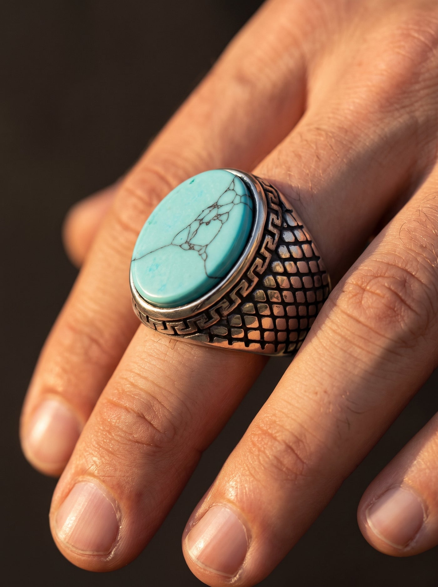 Bague Homme Acier Pierre CRAQUELÉE BLEUE