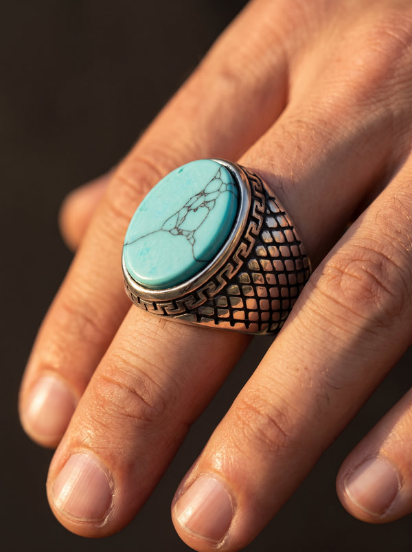 Bague Vintage en Acier avec Pierre Turquoise - Bleue / 7