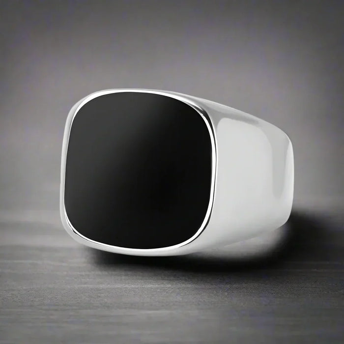 Bague Homme Acier Pierre NOIRE CARREE