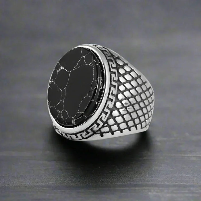 Bague Homme Acier Pierre NOIRE CRAQUELÉE