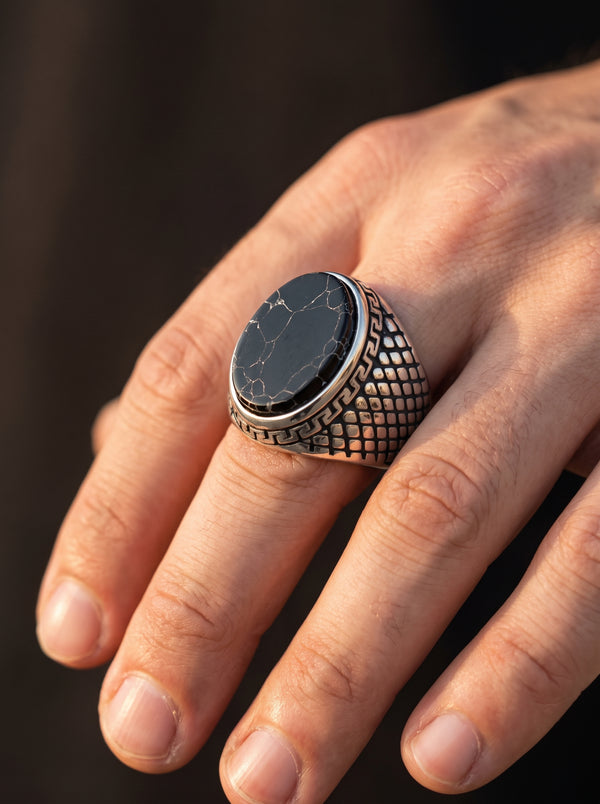 Bague Vintage Onyx Noir Acier Inoxydable - Noire / 13