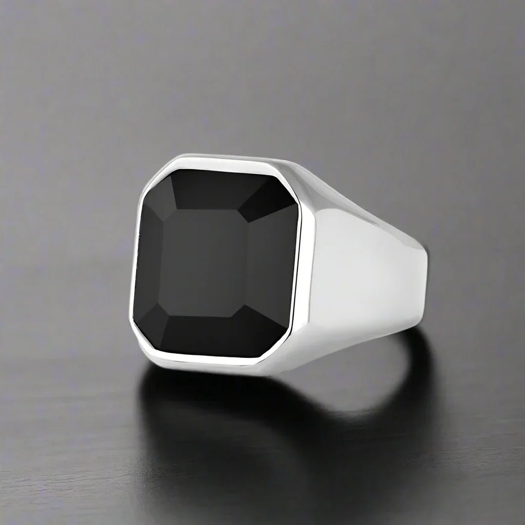 Bague Homme Acier Pierre NOIRE OCTAGONALE