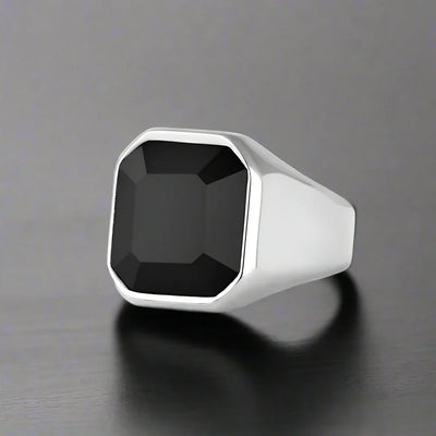Bague Homme Acier Pierre NOIRE OCTAGONALE