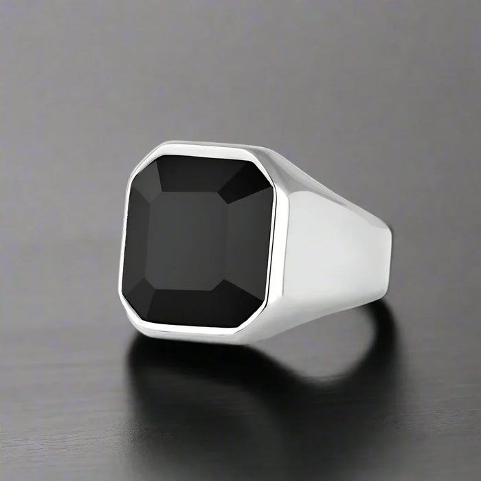 Bague Homme Acier Pierre NOIRE OCTAGONALE