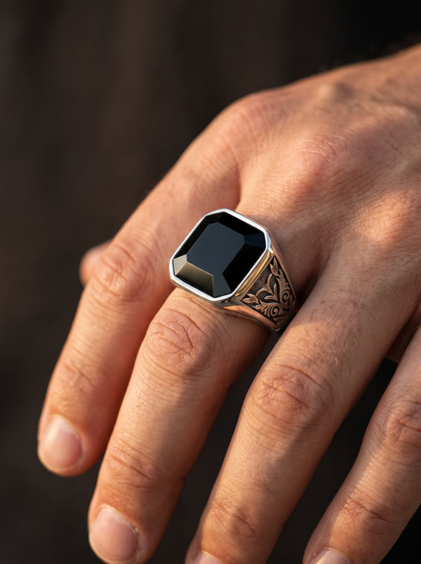 Bague en Acier Inoxydable avec Pierre Noire - BLACK STONE 1 / us size / 10