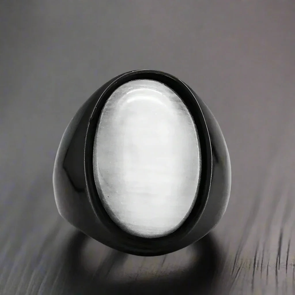 Bague Homme Acier Pierre NOIRE OVALE