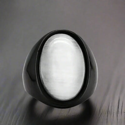 Bague Homme Acier Pierre NOIRE OVALE