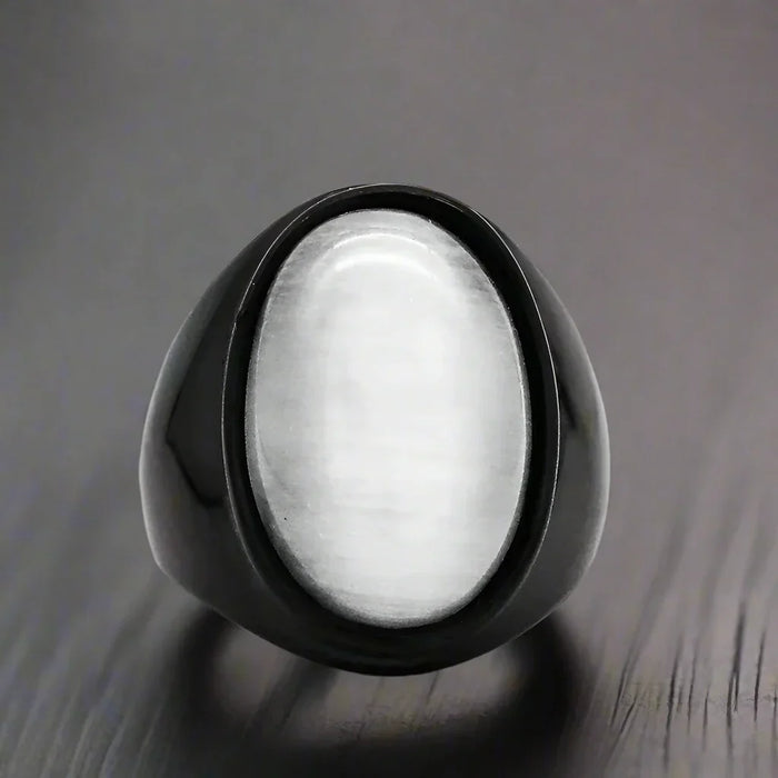 Bague Homme Acier Pierre NOIRE OVALE