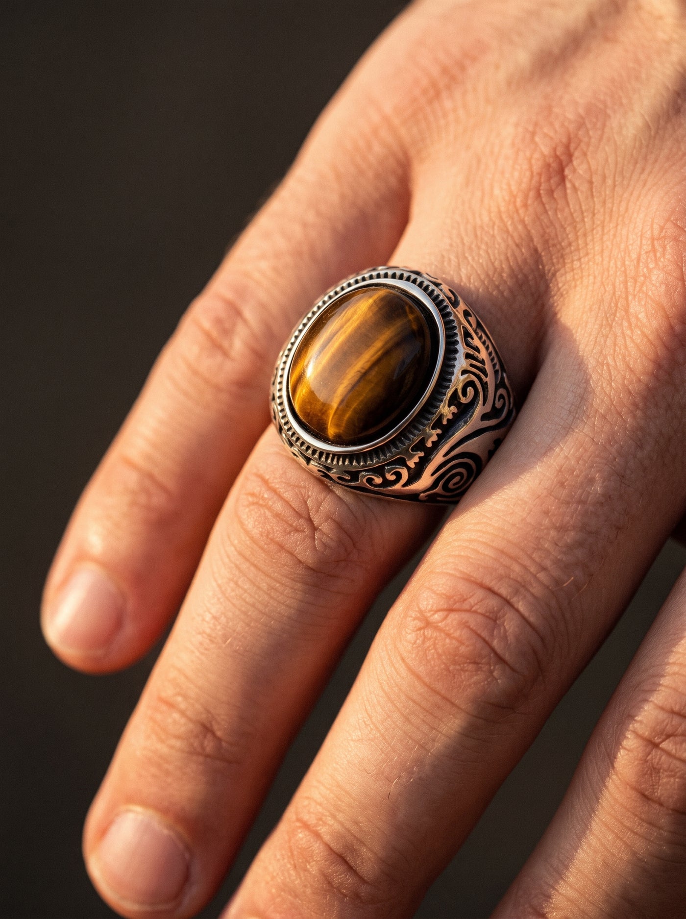 Bague Homme Acier Pierre ŒIL DE TIGRE BRUN