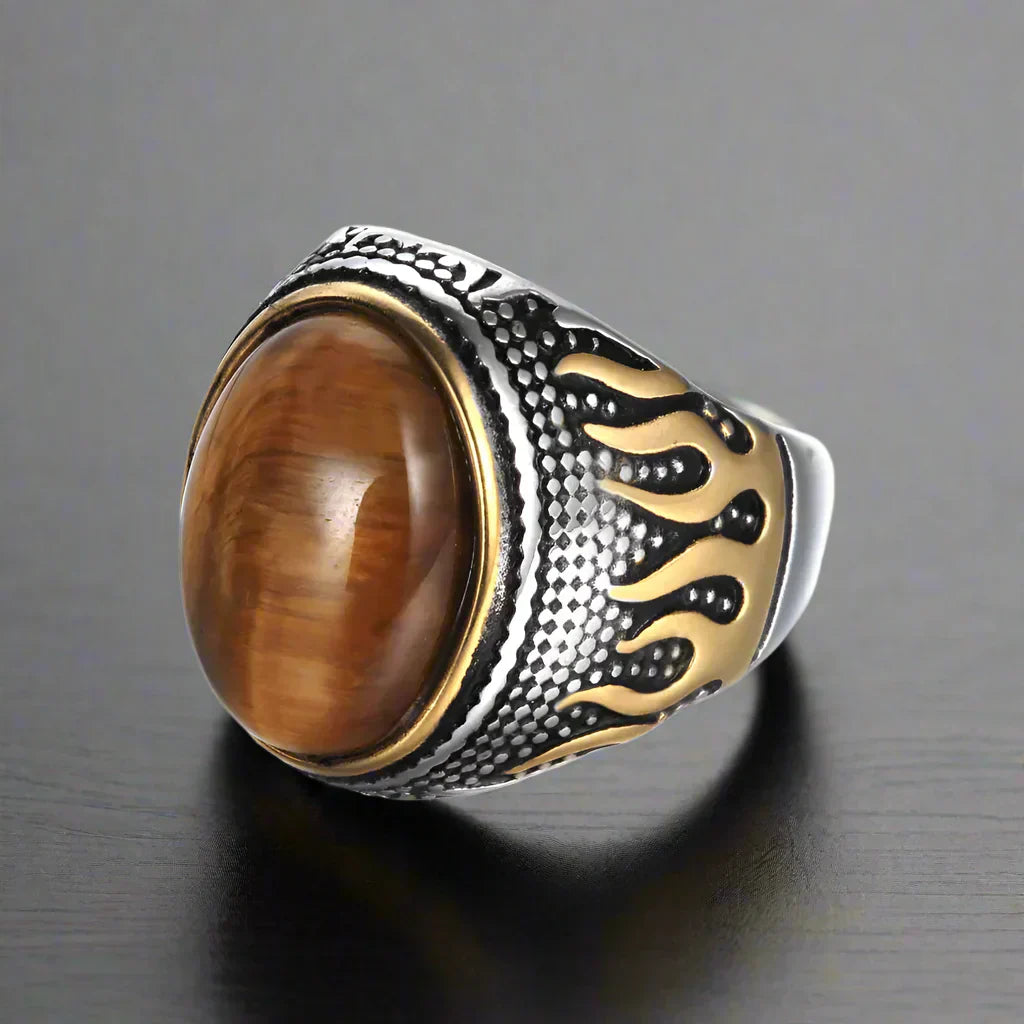 Bague Homme Acier Pierre OEIL DE TIGRE FLAMME